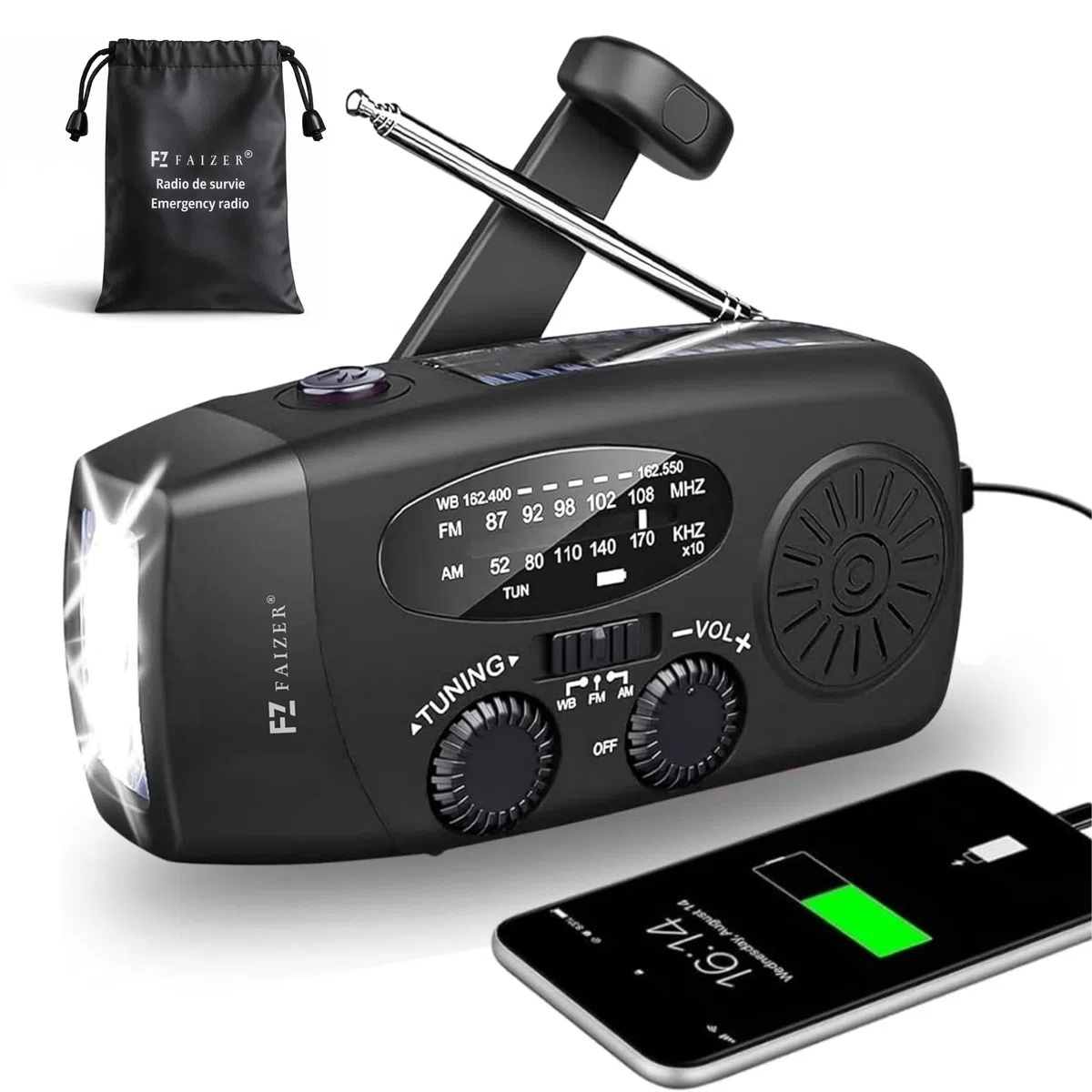 Radio portatile, Stazione meteo, Radiolina portatile, Radio FM/AM/WB, Power bank solare, Radio a Manovella Power Bank 2000 mAh per Ricarica Telefono di Emergenza, Kit di Sopravvivenza (Noir)