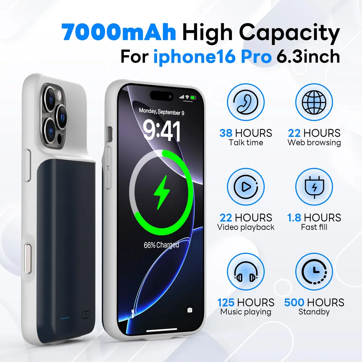 Custodia per iPhone 16 Pro (6,3"), 7000 mAh, ricaricabile, con protezione del carro armato, in vetro, per batteria aggiuntiva, per batteria, colore: blu