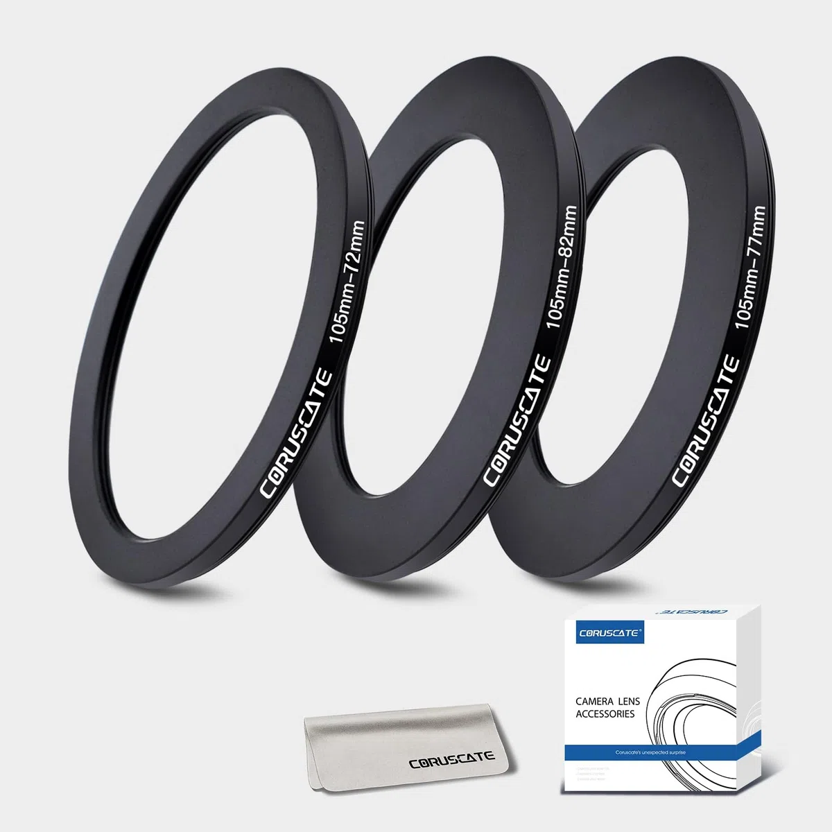 Set di 3 anelli filtranti da 105mm,Lo scopo è aumentare o diminuire il diametro della lente,Step-down Ring 105mm-95mm,105mm-82mm,105mm-77mm + panno per la pulizia dell'obiettivo