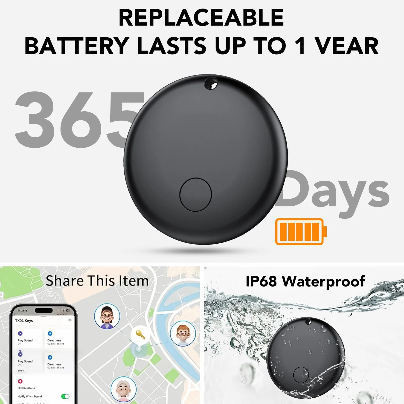 Android Smart Tag, Tracker con Google's Find Hub (Solo Android), IP68 Impermeabile, Bluetooth Localizzatore con Custodia Protettiva, Trova Oggetti per Chiavi/Bagagli/Portafogli, 4 Nero