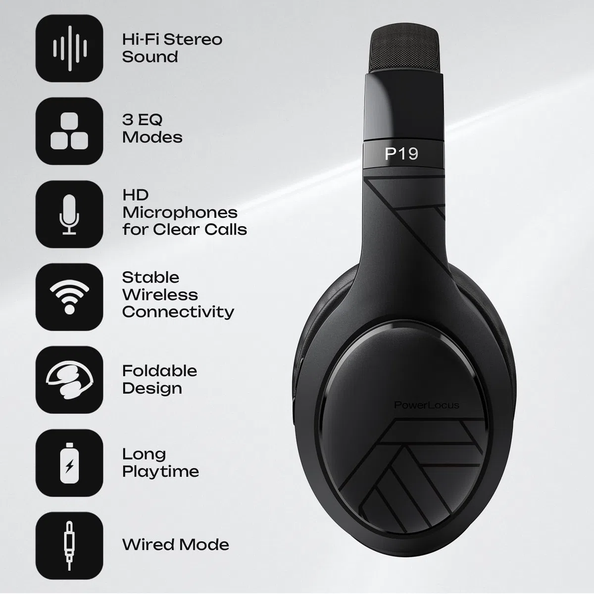 PowerLocus Cuffie Bluetooth, Cuffie Over-Ear con 60 ore di riproduzione, 3 - modalità di EQ, Cuffie Wireless Pieghevoli, Cuffie con Microfono, Hi-Fi Bassi Profondi per Viaggio/Android/Corso Online