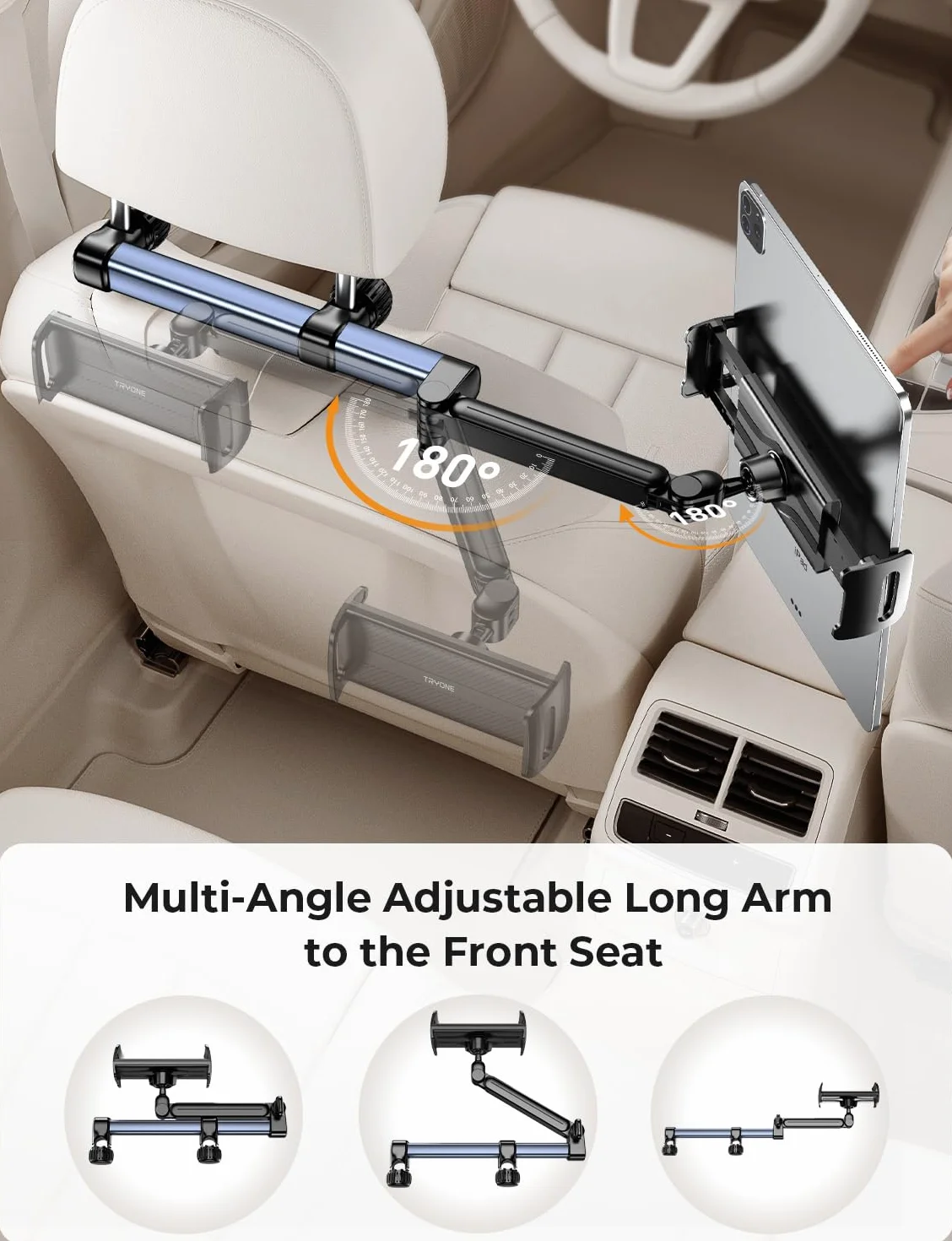 TRYONE Supporto Tablet Poggiatesta Auto [46CM Braccio Ultra-Lungo] [ 3 in 1 Estensibile] Porta Tablet Sedile d'Auto Bambin per iPad/per Sumsung Tab/eReader/Switch/Cellulare/Altri ecc di 4,7-13 Pollic