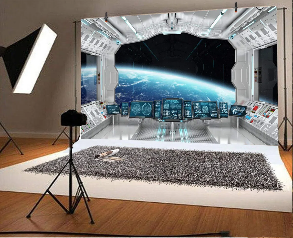 2,5x1,8m Spazio esterno sfondo fotografico Astronave finestra vista sfondo Sfondo per l'esplorazione dell'Universo con navicella spaziale Compleanno del bambino Decorazione della festa