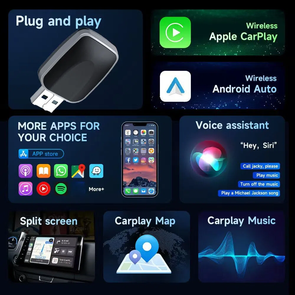 Adattatore CarPlay Wireless per Fiat Panda 2017 2018 2019 2020 2021 2022 2023 2024 2025, Converte Carplay da Cablato in Wireless, 2-in-1 CarPlay Wireless Adapter, Plug & Play con Bluetooth e WiFi