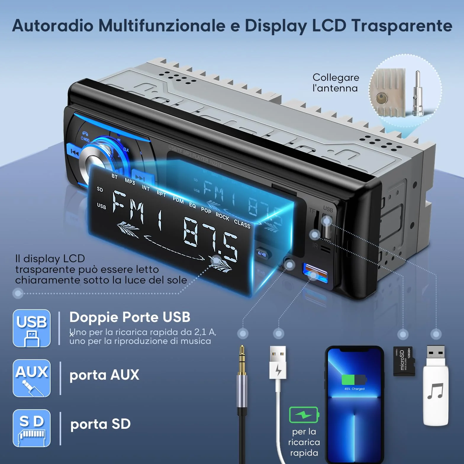RDS Autoradio Bluetooth 5.0 con Vivavoce, Wistrue Stereo Auto Bluetooth con 2 USB/AUX/SD,Autoradio 1 DIN Supporta Lettore MP3/WMA/WAV, Compatibile con iOS e Android