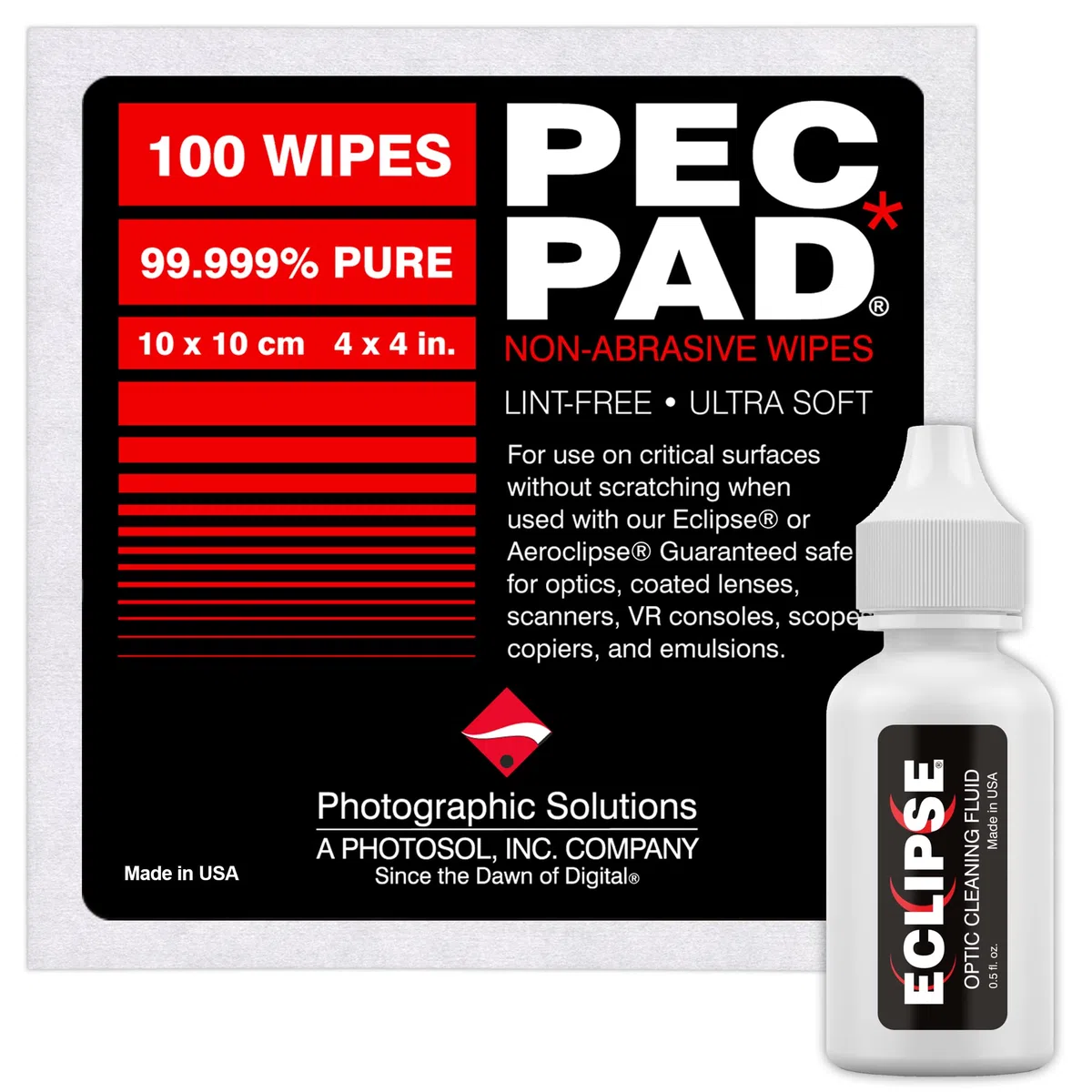 Eclipse Optic Cleaning Fluid and PEC-PAD Lint Free Wipes - Critical Optic Cleaning Solution - Non-Abrisive Cleaning Wipes for Sensitive Glass - Cleaning Kit - Dropper Tip (15ml) 0.5oz