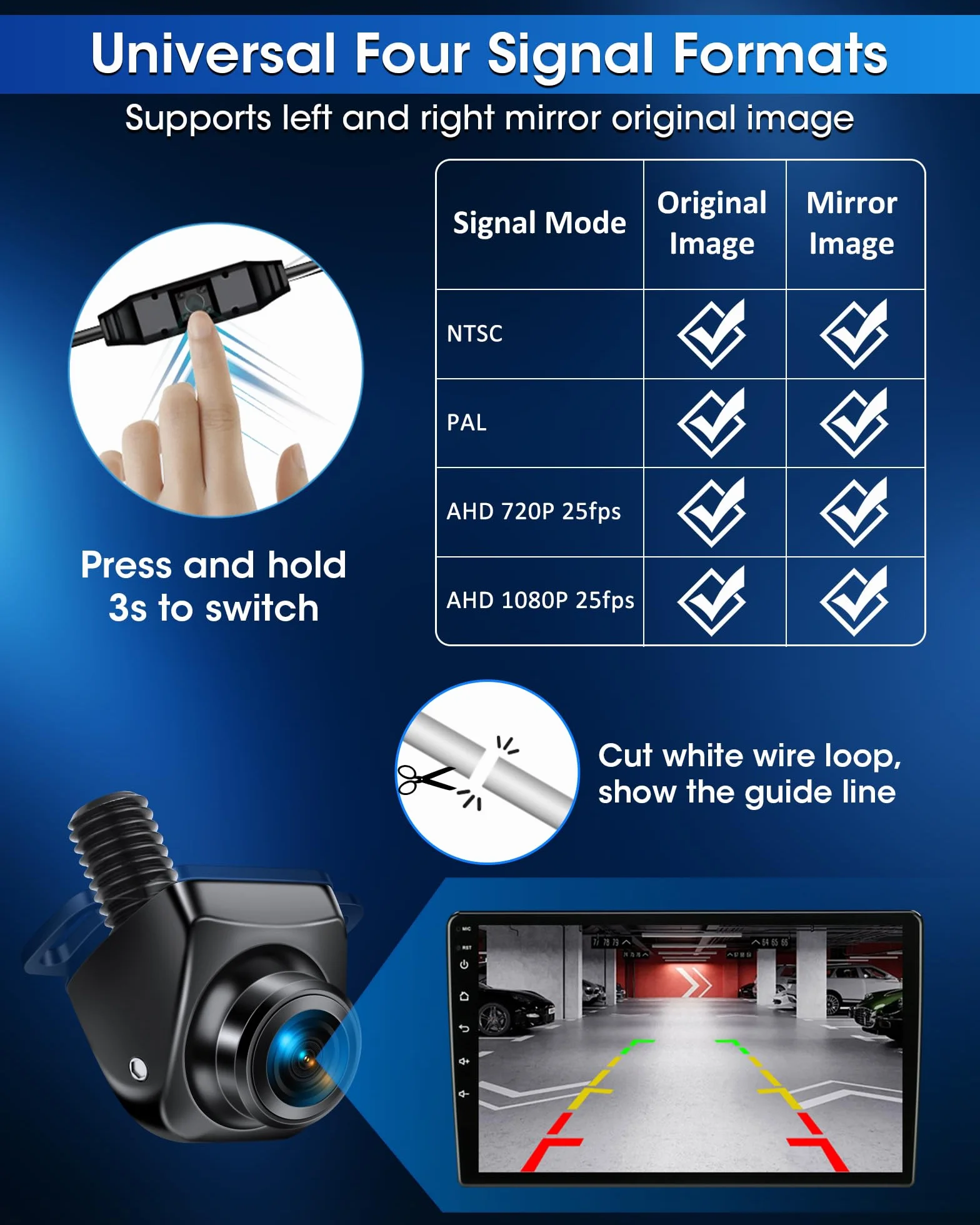 Retrocamera Auto【3 Metodi di Montaggio】360° Rotante Telecamera Retromarcia Auto Supporta AHD 1080P/720P/NTSC/PAL Modi Telecamera Frontale/Posteriore Auto Notturna Universale DC 12V-24V per SUV Camper