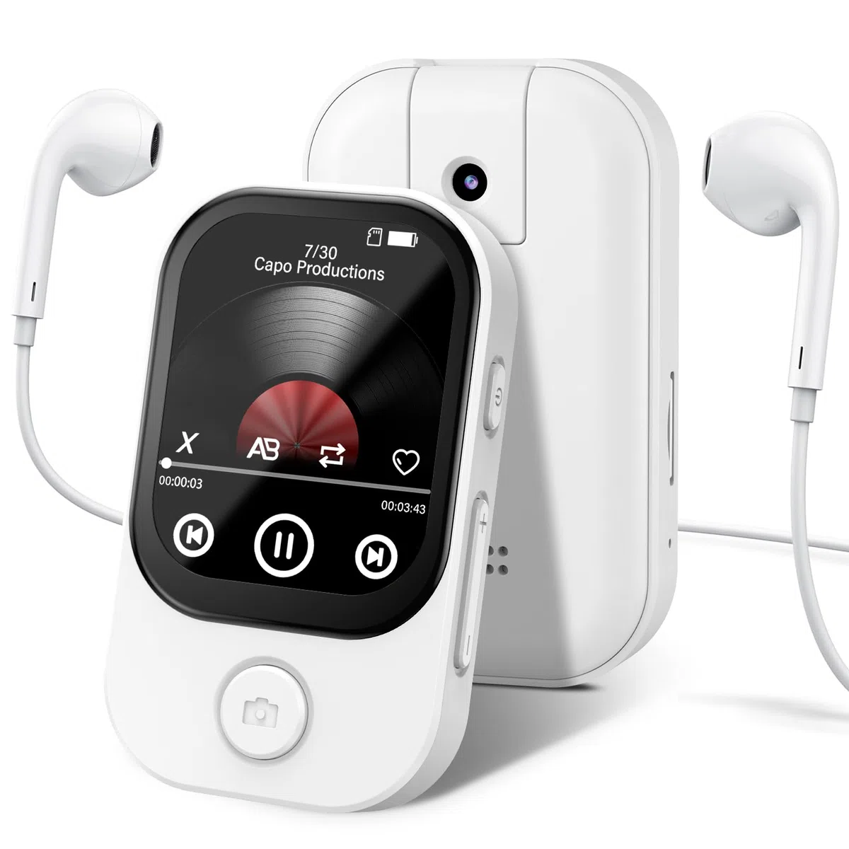 64GB Lettore MP3 Bluetooth 5.4 con fotocamera apribile a 180°, RWSRW, mini lettore musicale HD, altoparlante FM, album fotografico, ideale per Hi-Fi, lettore e-book, contapassi (Bianco)