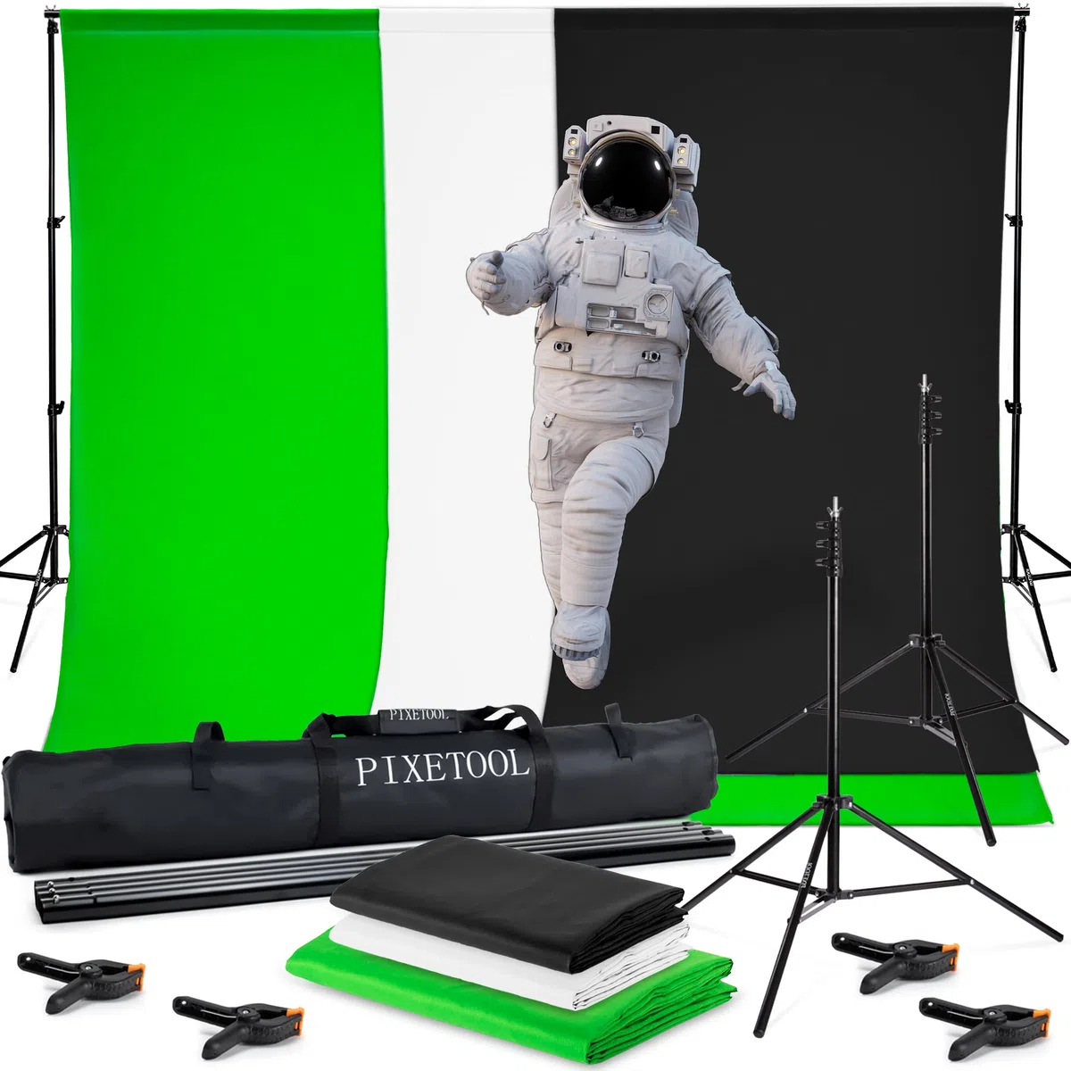 Green Screen Con Supporto (3m x 3m) – Sfondo Fotografico - Set Studio Fotografico - Accessori Per La Fotografia Streaming Giochi Gaming – 3x Telo di Fondale (verde, bianco, nero) – 4 Morsetti