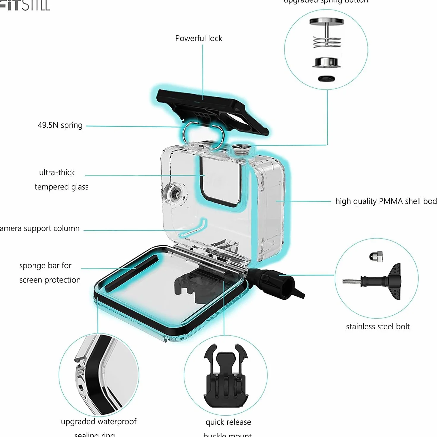 FitStill 60M/196FT Custodia Impermeabile per Gopro Hero12 /Hero11 /Hero10 /Hero 9 Nera, Custodia Protettiva per Immersione Subacquea con Accessori di Montaggio per Go Pro Hero 12/11/10/9