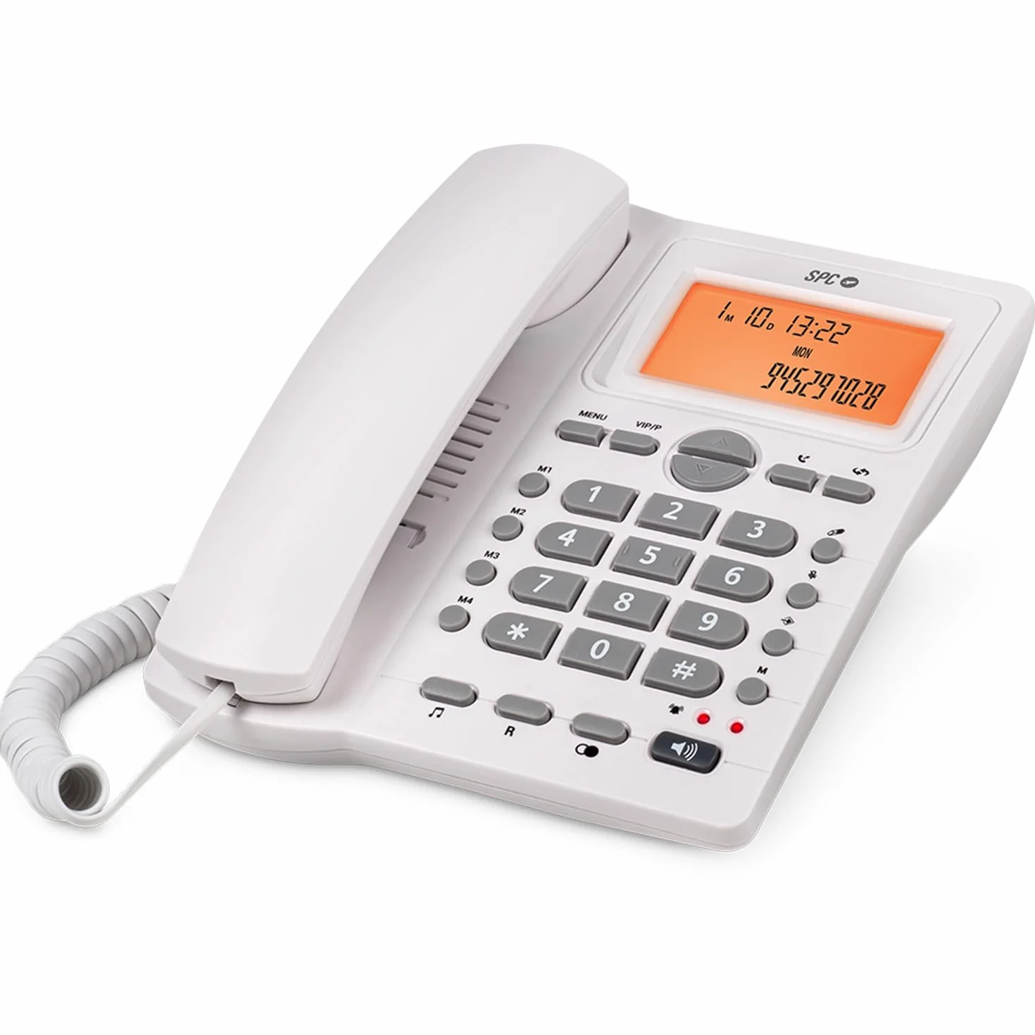 SPC Office ID 2 - Telefono fisso con display illuminato, 4 memorie dirette e 10 indirette, 2 livelli di suoneria, ID chiamante, segnale luminoso, vivavoce, da tavolo o a parete - Bianco