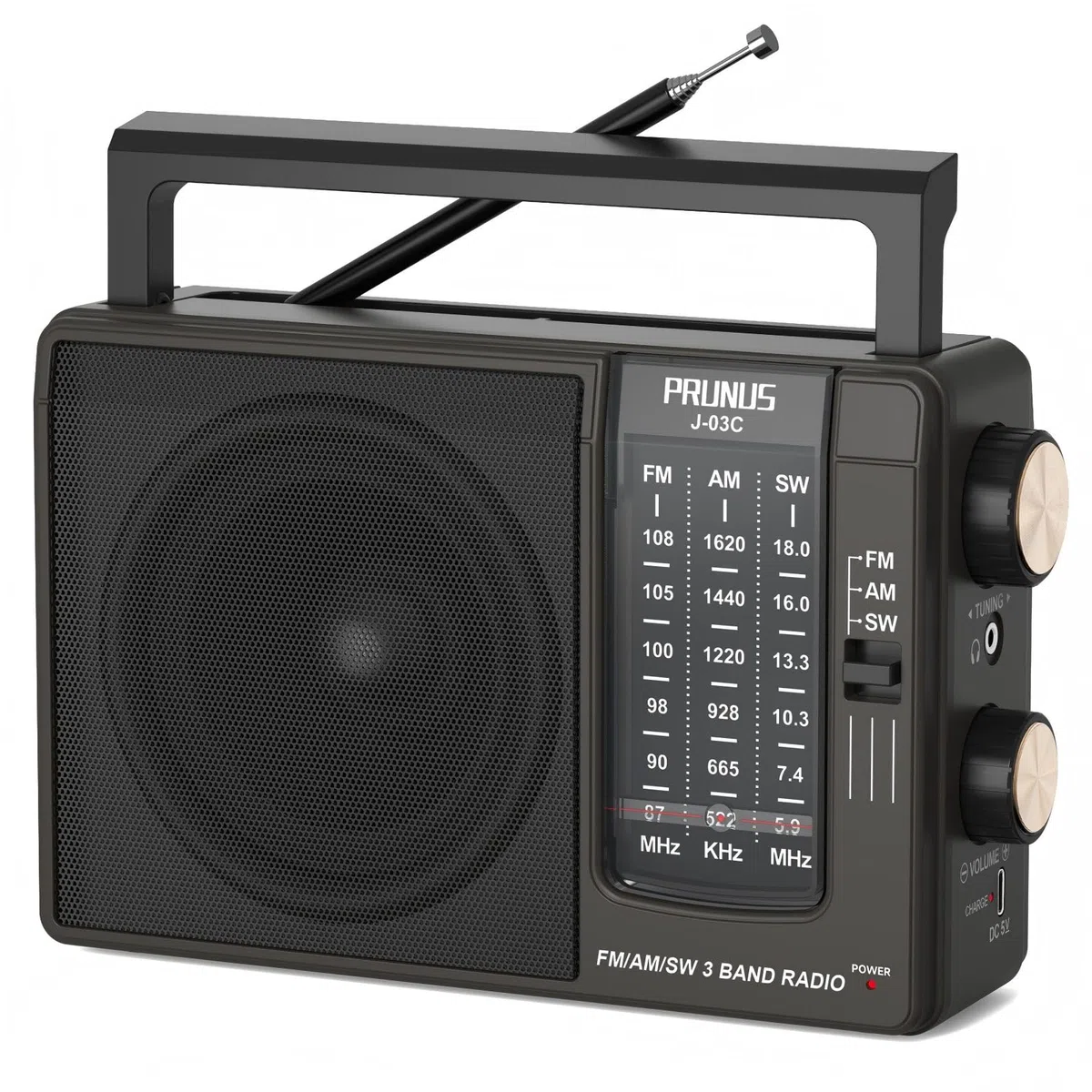 PRUNUS J-03C AM/FM/SW Radio Portatile, Radiolina Portatile Alimentata da Pile (4*AA) o Batteria Ricaricabile USB-C, Radio Portatili Piccola con Jack per Cuffie, Ideale per Cucina, Tavolo e Casa (Nero)
