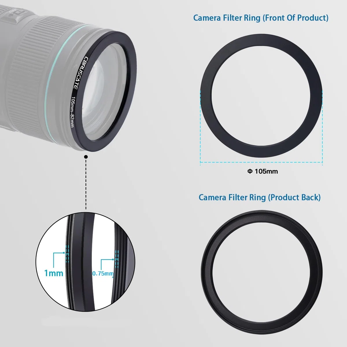 Set di 3 anelli filtranti da 105mm,Lo scopo è aumentare o diminuire il diametro della lente,Step-down Ring 105mm-95mm,105mm-82mm,105mm-77mm + panno per la pulizia dell'obiettivo