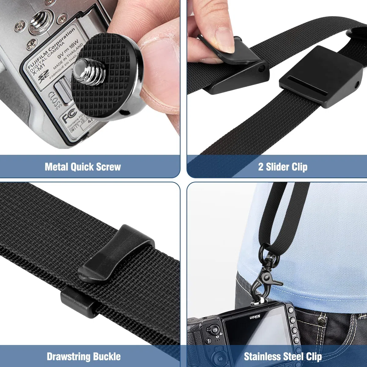 Tracolla Macchina Fotografica, Sgancio Rapido Regolabile Reflex Nylon con Corda di Sicurezza e Vite, Cinghia Fotocamera per DSLR SLR, Fino a 10 kg (Nero)