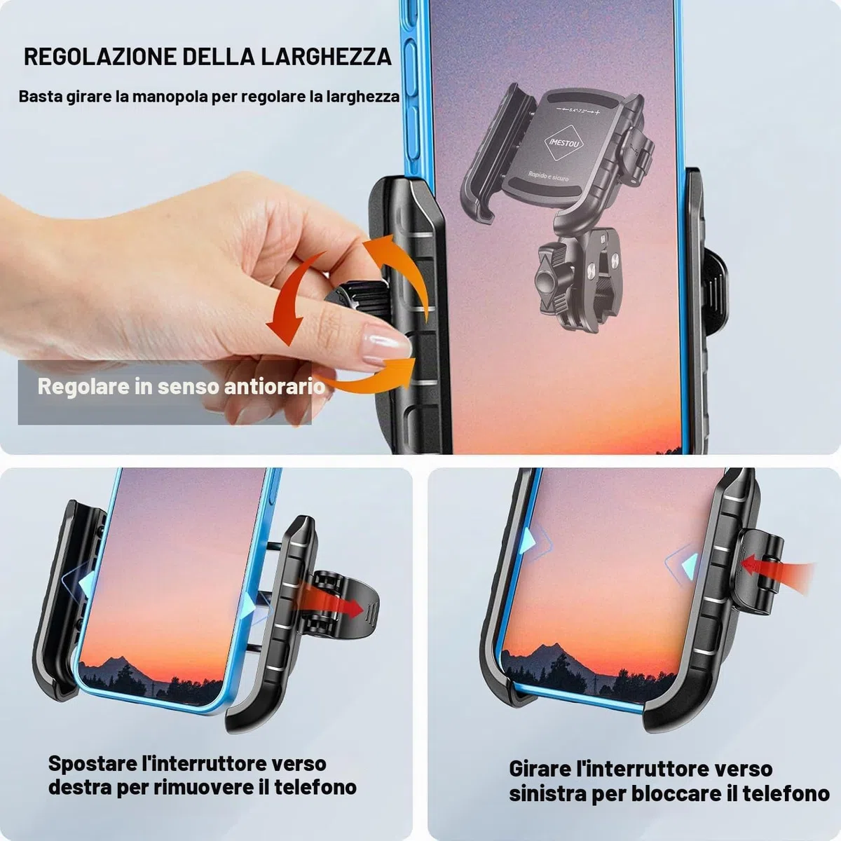iMESTOU Supporto Cellulare Moto Antivibrazione, Supporto Universale Antivibrazione per Smartphone da 5,4"-7,2" Fino a 15 mm di Spessore, Sgancio Rapido, Adatto per Manubri di Moto e Bici da 12-45 mm