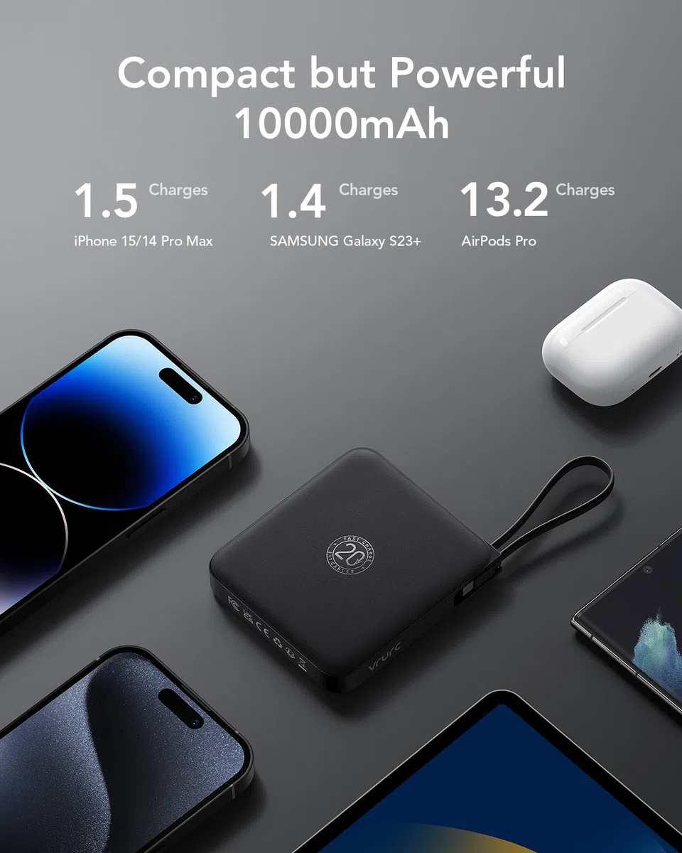 VRURC Power bank 10000mAh con 4 cavi integrati, 22.5W Batteria USB C a Ricarica Rapida, PowerBank per Cellulare Display LED per iPhone 15 14 Samsung Galaxy S23 Google Pixel Tablet Android - Nero