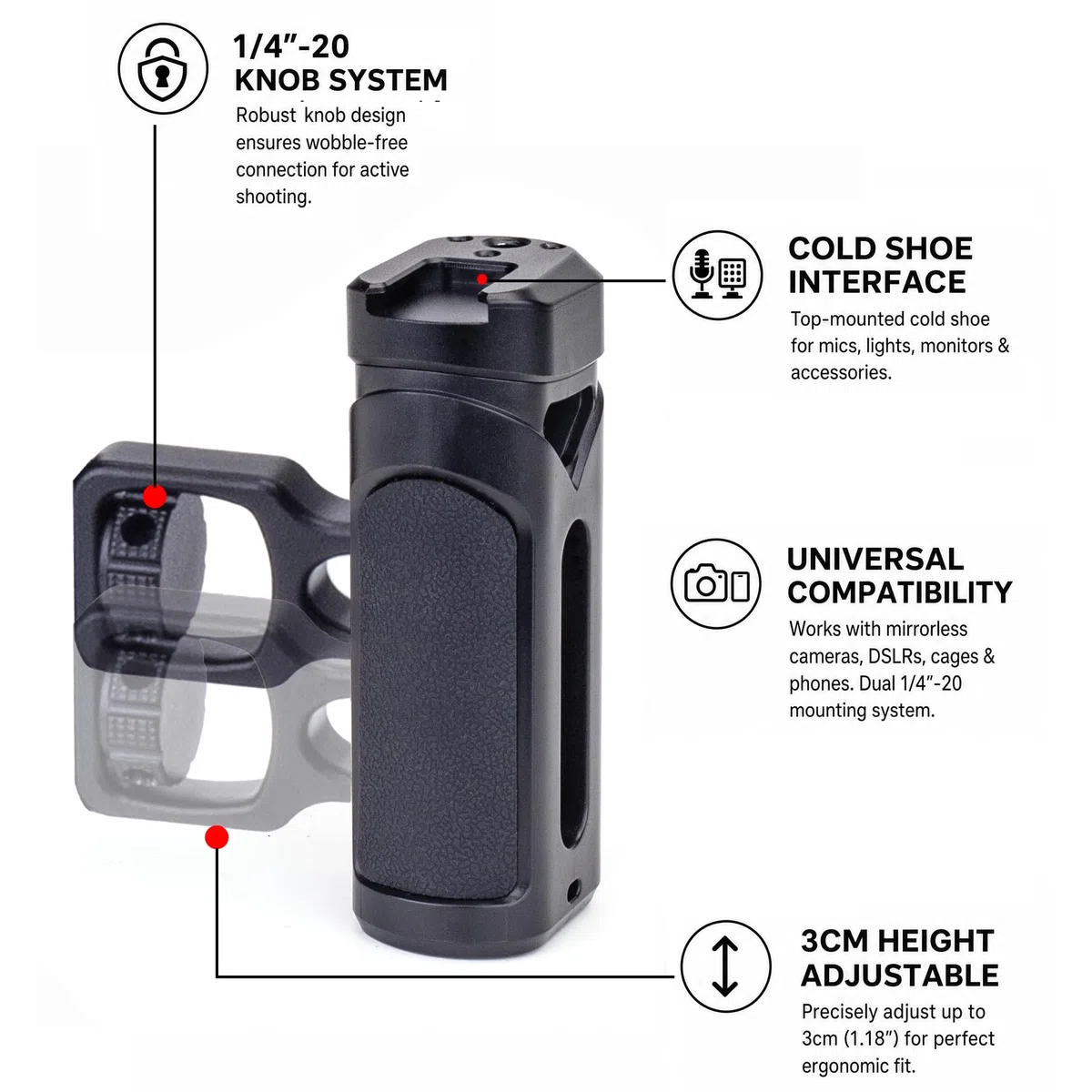 Zeadio Maniglia laterale regolabile per fotocamera con manopola da 1/4"-20 e supporto per slitta fredda per fotocamere DSLR mirrorless, supporto per telefono, per registrazione, treppiede Vlog, kit di