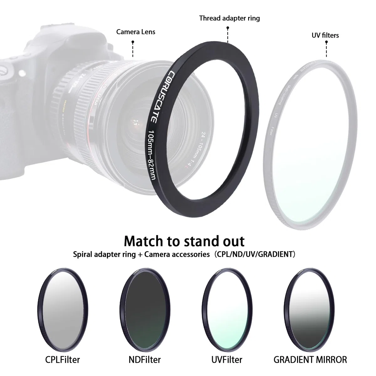 Set di 3 anelli filtranti da 105mm,Lo scopo è aumentare o diminuire il diametro della lente,Step-down Ring 105mm-95mm,105mm-82mm,105mm-77mm + panno per la pulizia dell'obiettivo