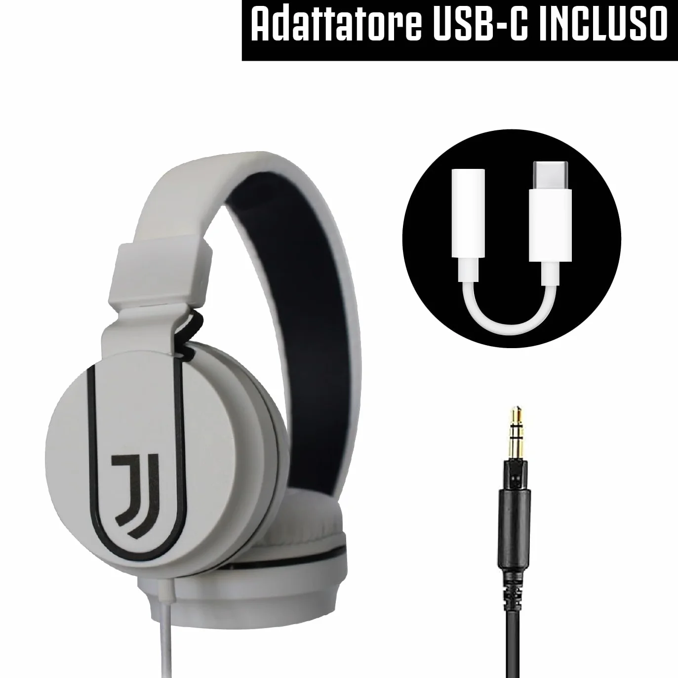 TECHMADE Juventus Football Cuffia microfono incluso |ON-EAR |con filo cavo aux | Bianco/Nero | con adattatore usb-c (+ POWERBANK 5000)