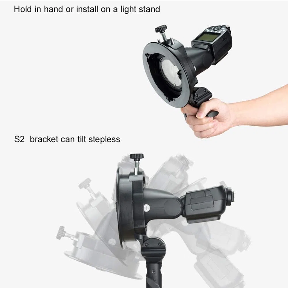 Godox S2 Supporto Bowens, Flash Bracket compatibile con flash Godox V100 AD200 Pro II V1 Pro RS60R AD100 Pro RS60BI TT600, Funziona anche con Flash Sony Canon Nikon Fujifilm