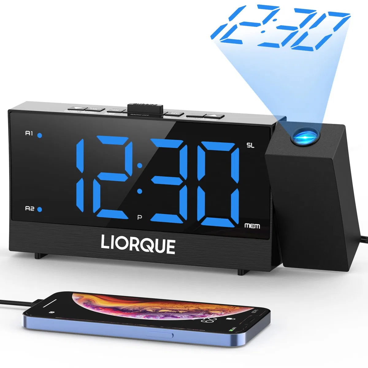 LIORQUE Sveglia con Proiettore a Soffitto, Radiosveglia con Proiettore a Grande Schermo, Sveglia Digitale con Doppia Sveglia, Funzione Snooze, Regolazione Infinita Della Luminosità, 2 Porte USB