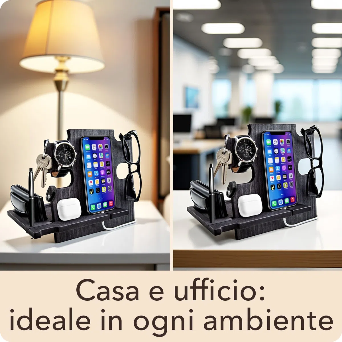 Greta Oto Svuota Tasche da Ingresso Organizer Scrivania Idee Regalo Papà Uomo Anniversario Compleanno Porta Orologi e Cellulare Tavolo e Comodino Artigianale in Legno Made in Europe (Nero)