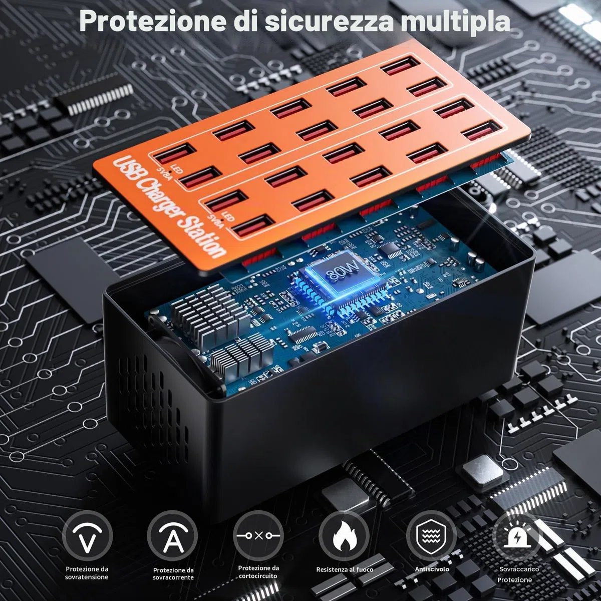Caricabatterie USB Multiplo da 20 Porte, Stazione di Ricarica Intelligente da Scrivania con Ricarica Rapida e Design Compatto per iPhone, Samsung, Google e Altri Dispositivi