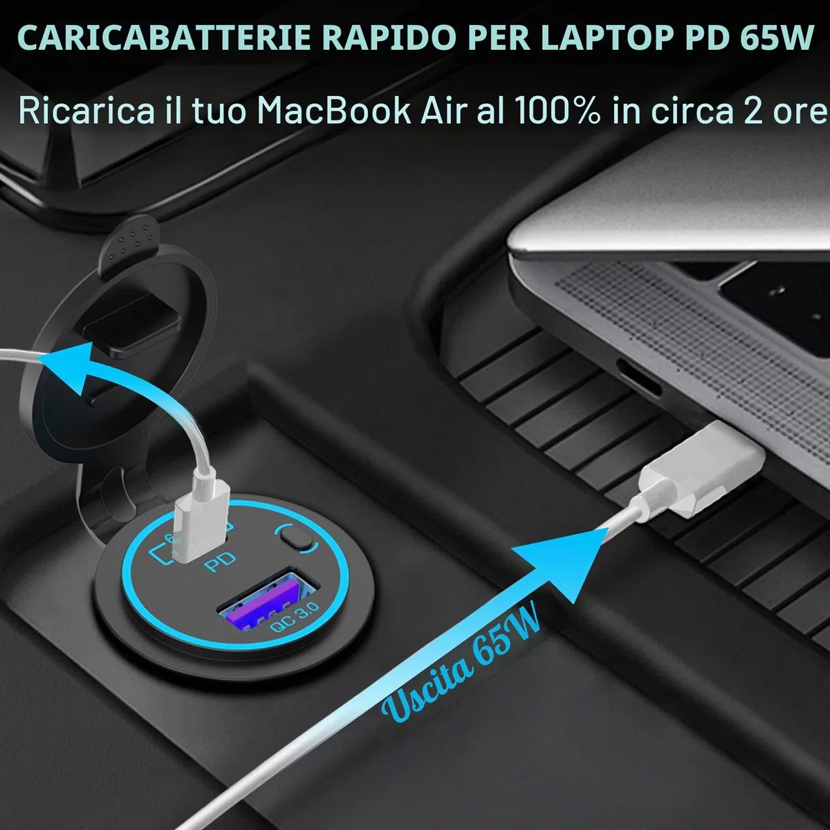 PD 65W USB C Presa 12 Volt: Qidoe Tipo C e QC3.0 Caricabatterie Prese USB per Auto con Interruttore Caricatore Veloce per iPhone iPad Telefoni Android, Adatto per 12V 24V Auto Barca Camion Camper