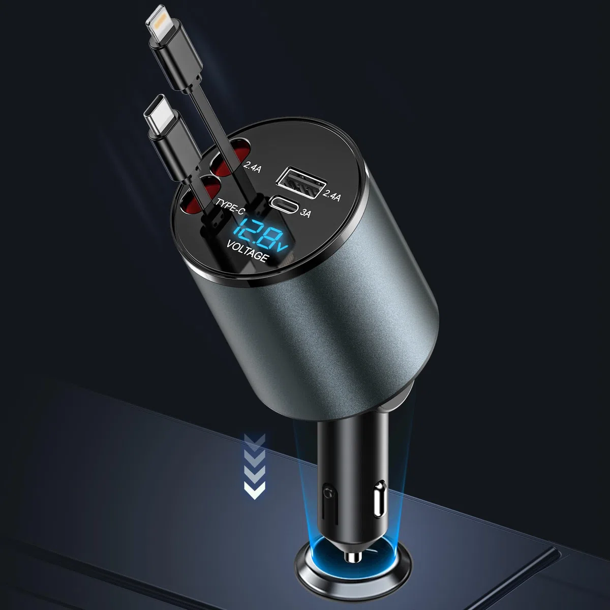 Caricabatteria da auto per accendisigari USB C 4 in 1 56W - Caricabatterie per auto con 2 cavi retraibili (Tipo C, Lightning), adattatore USB per accendisigari con visualizzazione tensione, rotazione