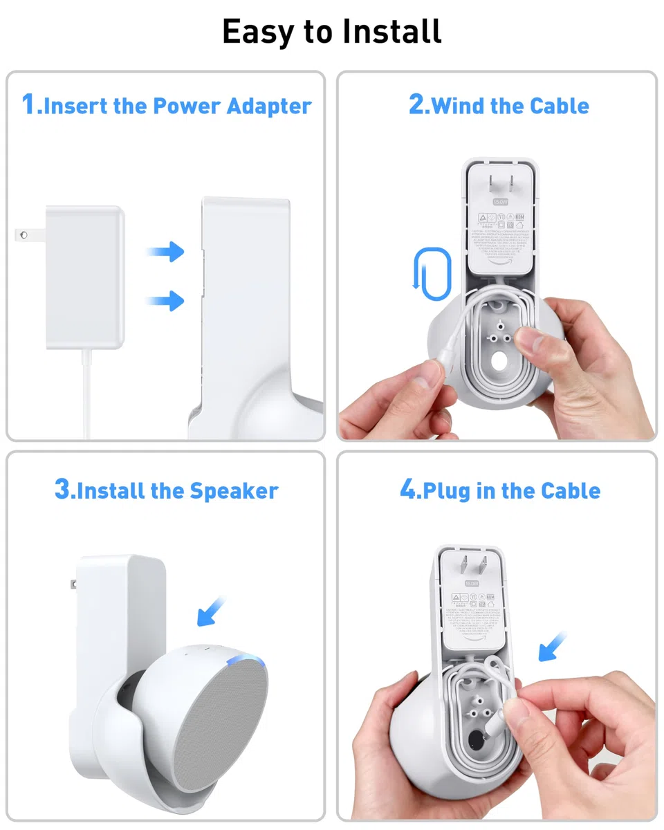 Maxonar Staffa a Parete Ech0 PoP, Staffa Salvaspazio per Supporto Presa Ech0 PoP, Gestione cavi Integrata, Non Richiede Foratura, Adatto per Soggiorno, Cucina, Camera da Letto, Bagno, Bianco