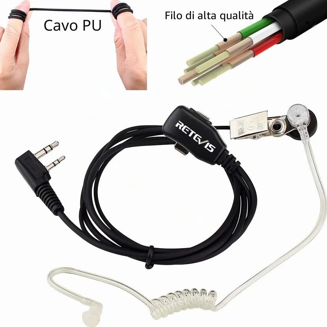 Retevis Auricolare Walkie Talkie 2 Pin Walkie Talkie Cuffie Compatibile RT24 RT618 RT27 RT622 ESYNiC Nestling Baofeng BF-888S Kenwood Auricolare Radio Bidirezionale (5 Pezzi)