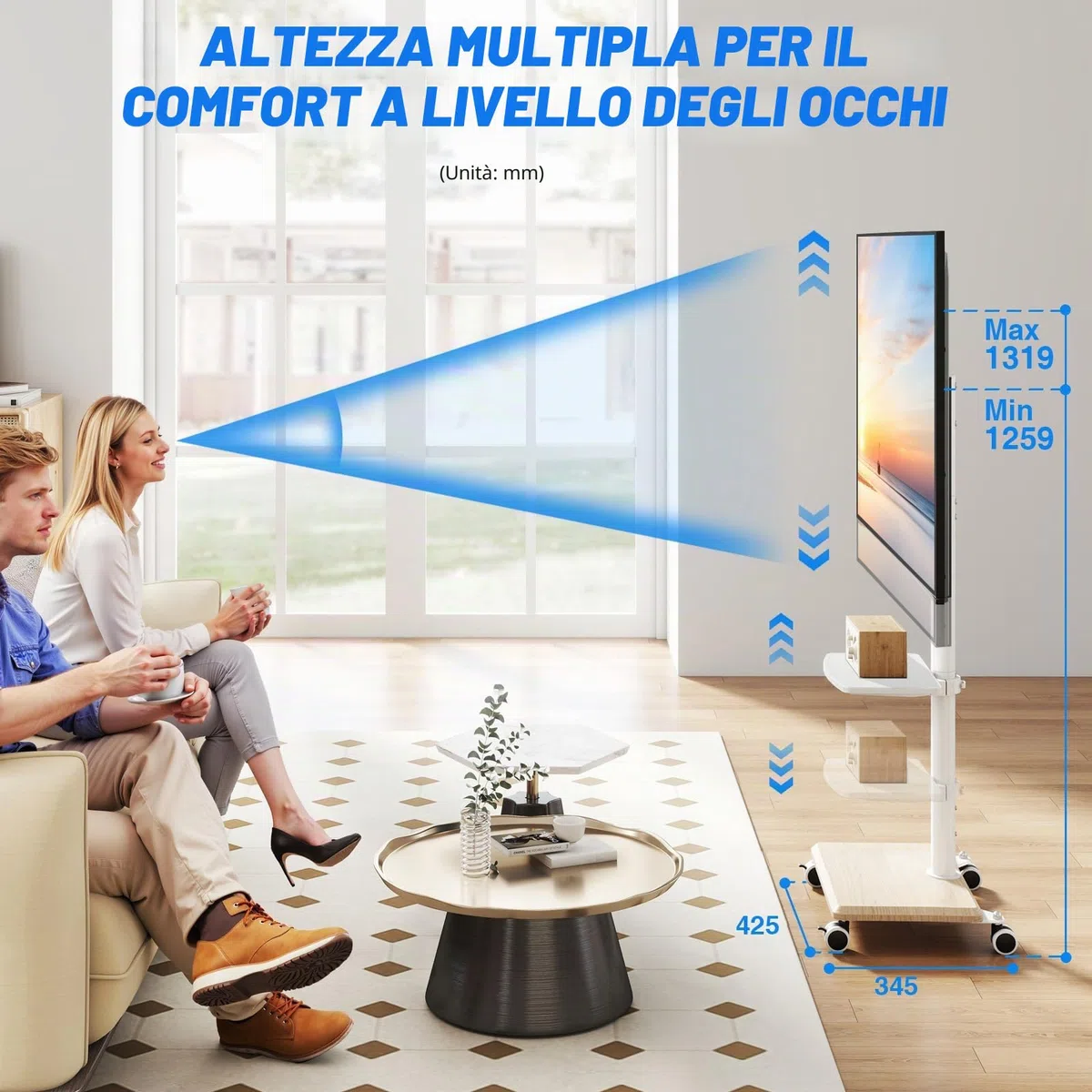 5Rcom TV Portatile con Piedistallo con Ruote per 27-55 Pollici, Supporto TV da Pavimento con Legno Base, TVs con le Ruote con Ripiano Max VESA 400x400mm 30kg (Bianca)