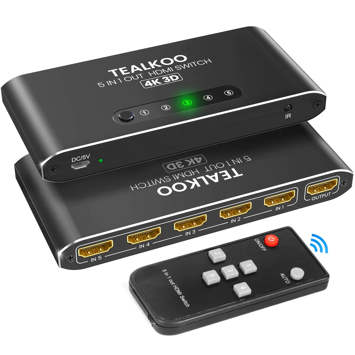 Splitter HDMI 5 in 1 Out – 4K Aliminium Switch automatico con telecomando – Commutatore supporta 4K 3D HDR per PS4, Xbox, TV Stick, lettore Blu-Ray
