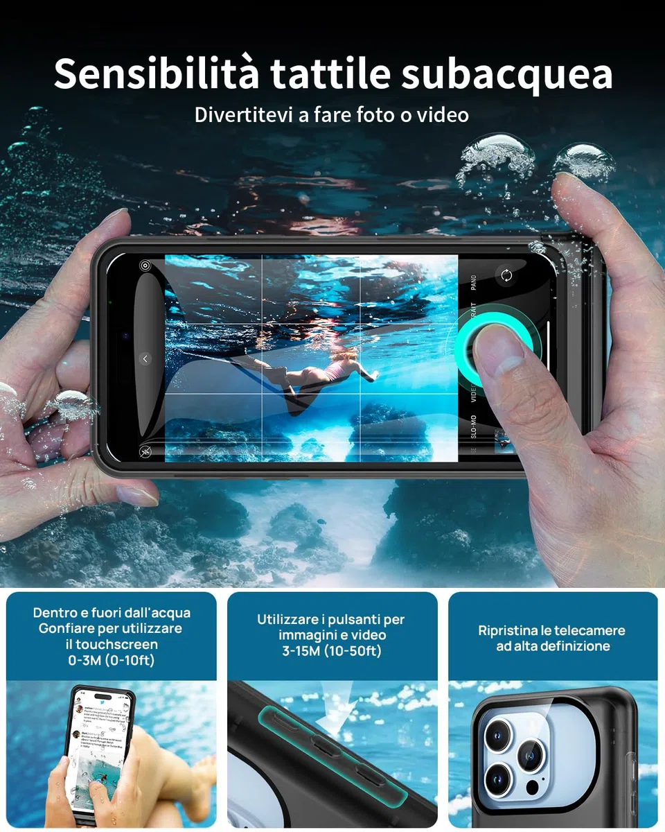 Lanhiem Custodia Impermeabile per iPhone 17/16 16 Pro/15 15 Pro/14 14 Pro/13 13 Pro, 30M/IPX8 Waterproof Cover Subacquea, Touch Screen e Pulsanti Subacquei Solo per iPhone 13 a 16 (6.1"-6.3")