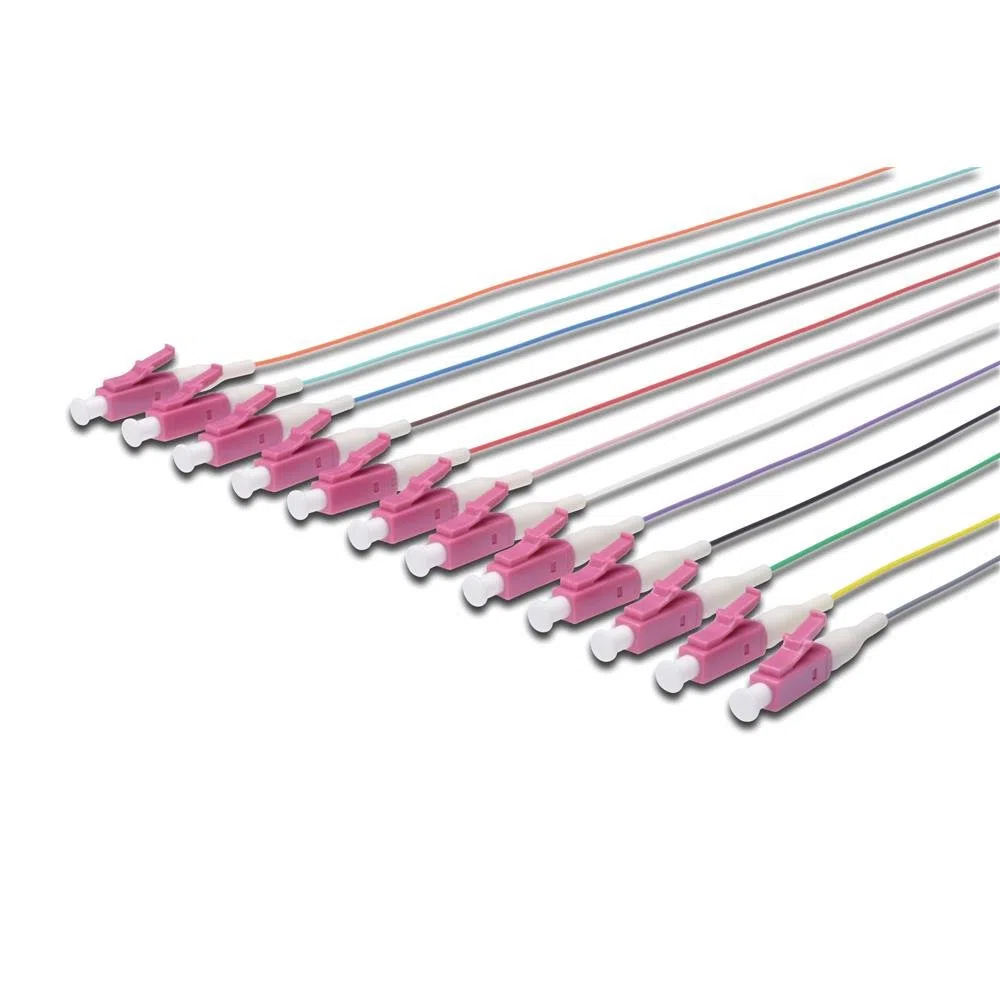 DIGITUS Set Pigtail in Fibra Ottica – 12 Pezzi – 2 m – LC Simplex – OM4 – Multimode – Codice Colore DIN IEC 304 – Ferrula in Ceramica di Zirconio – Fibre Optic