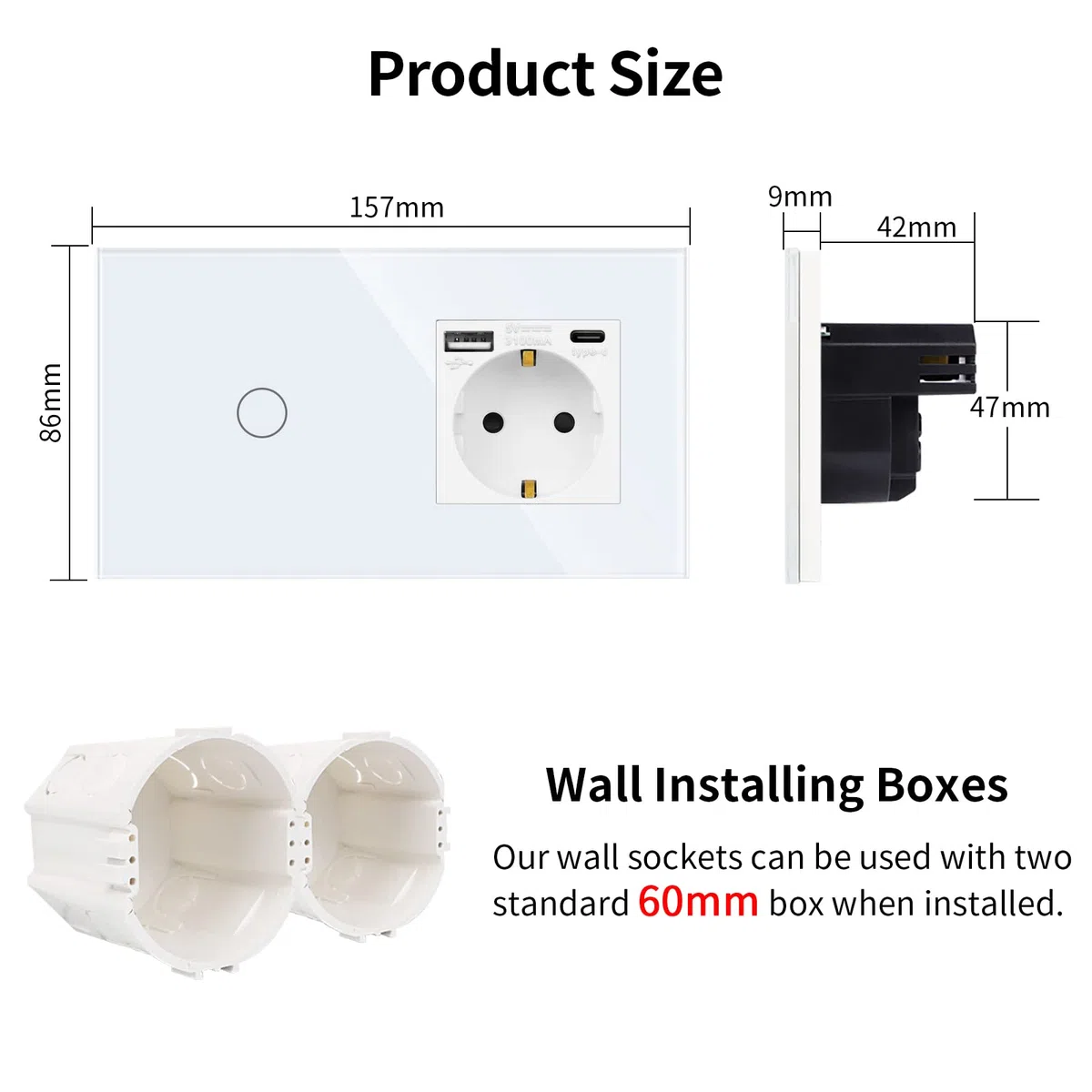JIMEIDA Smart Wlan Touch Interruttore della luce con presa USB in bianco, presa in vetro con ricarica rapida (tipo A e tipo C, 5 V/3.1 A), pannello in vetro, interruttore luce 1 marcia