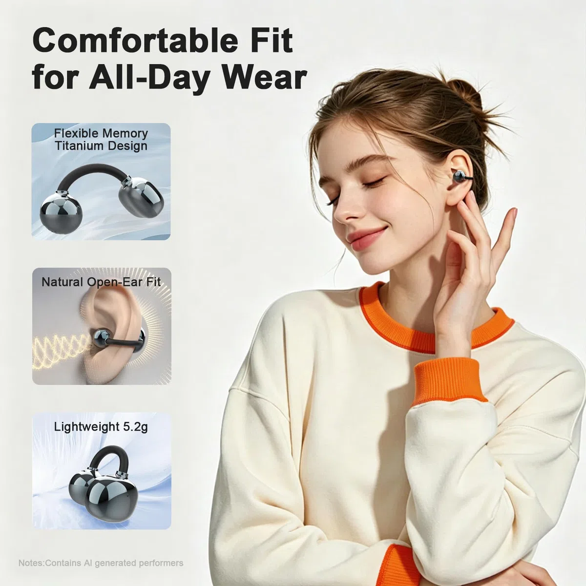 JUOVI Cuffiette Bluetooth 6.0 con Clip, Auricolari Open Ear Sportivi con ENC, Cuffie Wireless Bluetooth 28H, Leggere 5,2g, IP54 per Sport, Viaggi e Lavoro