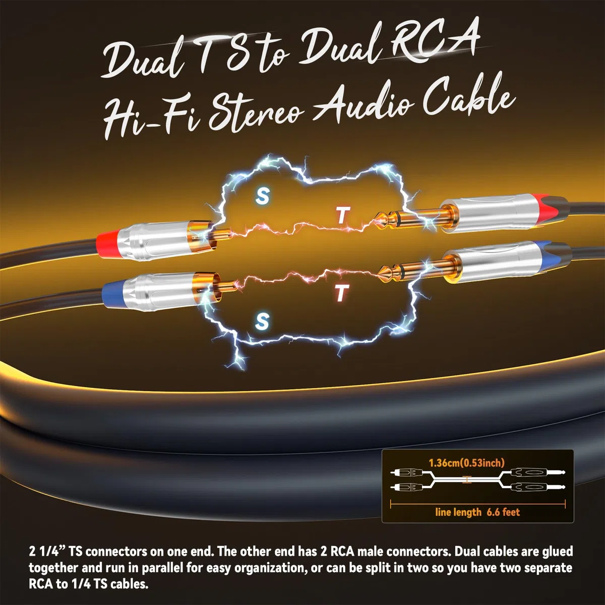 Tisino Cavo RCA a Jack, Cavo 2 RCA a 2 Jack 6,3 mm per Ricevitore AV, Amplificatore, Sistema Audio Stereo HiFi - 3 m