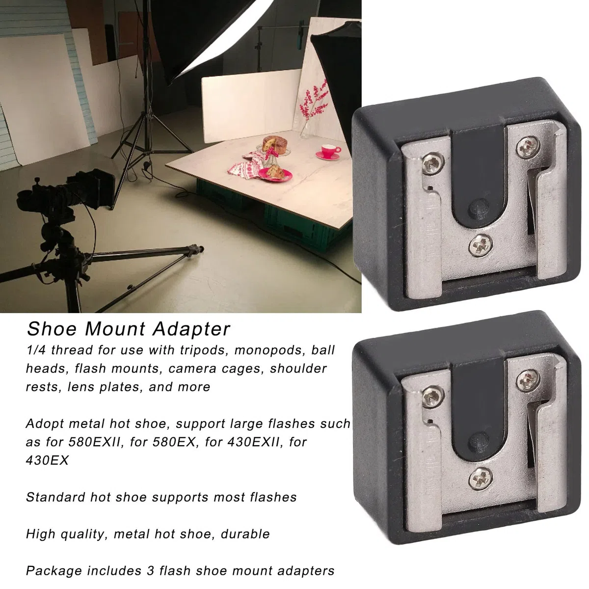 Akozon Adattatore a Vite per Treppiede con Adattatore per Slitta Flash da 3 Pezzi con Vite da 1/4 di Pollice per la Maggior Parte delle Fotocamere