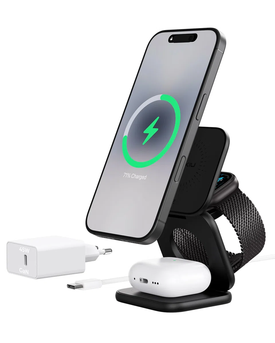 KU XIU X40 Turbo Qi2 25W Stazione di Ricarica, Caricatore Wireless 3 in 1 Pieghevole per iPhone 17/16/15/14/13/12/Air, 5W per iWatch 11–4/SE/Ultra & Auricolari Wireless, Design in Alluminio, Nero