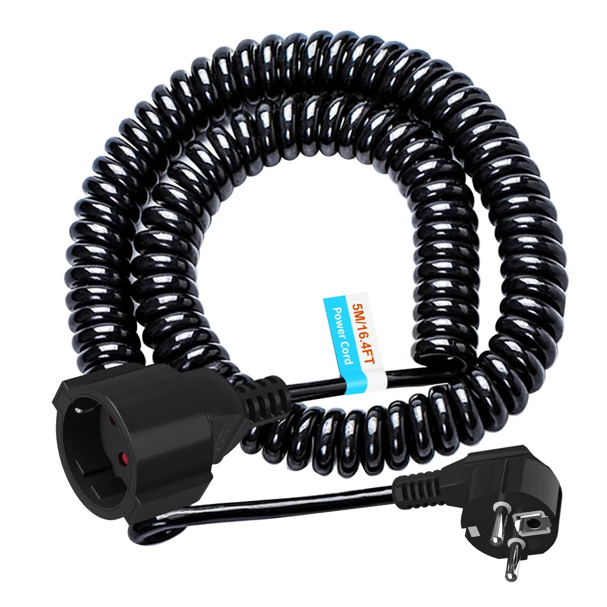 Cavo a spirale con contatto di protezione, cavo a spirale (230 V/16 A), 1,05 m su 5 m, cavo a spirale estensibile con spina di protezione e contatto di protezione, cavo di prolunga in PVC, nero