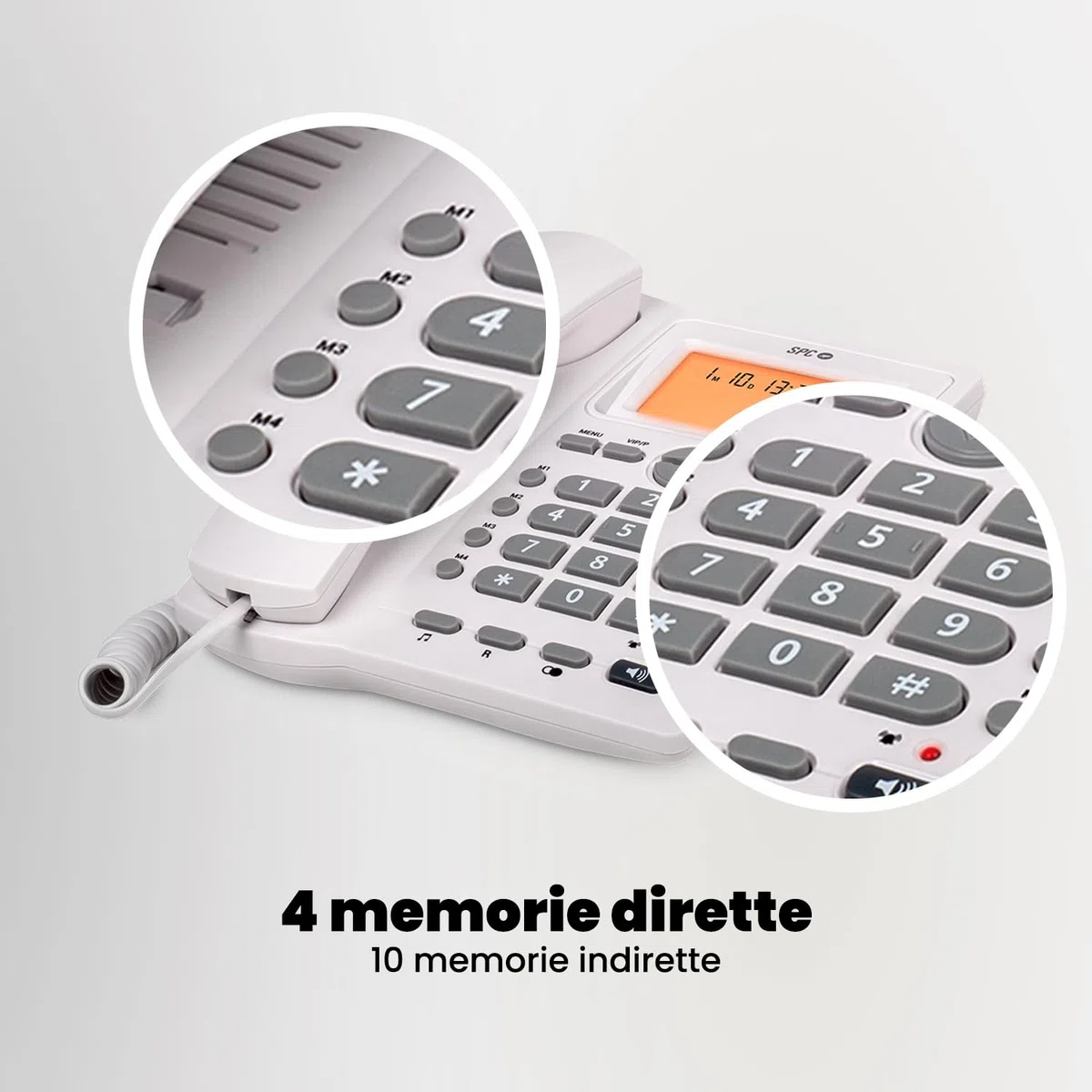 SPC Office ID 2 - Telefono fisso con display illuminato, 4 memorie dirette e 10 indirette, 2 livelli di suoneria, ID chiamante, segnale luminoso, vivavoce, da tavolo o a parete - Bianco