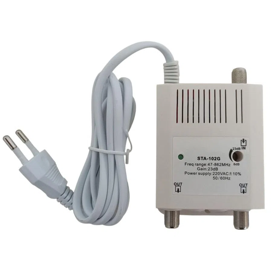 WEB Amplificatore Antenna TV Interno STA-102G – 1 Ingresso 2 Uscite – Guadagno Regolabile 8-23dB – Filtro LTE/5G – Potenziatore Segnale Digitale VHF/UHF 220V