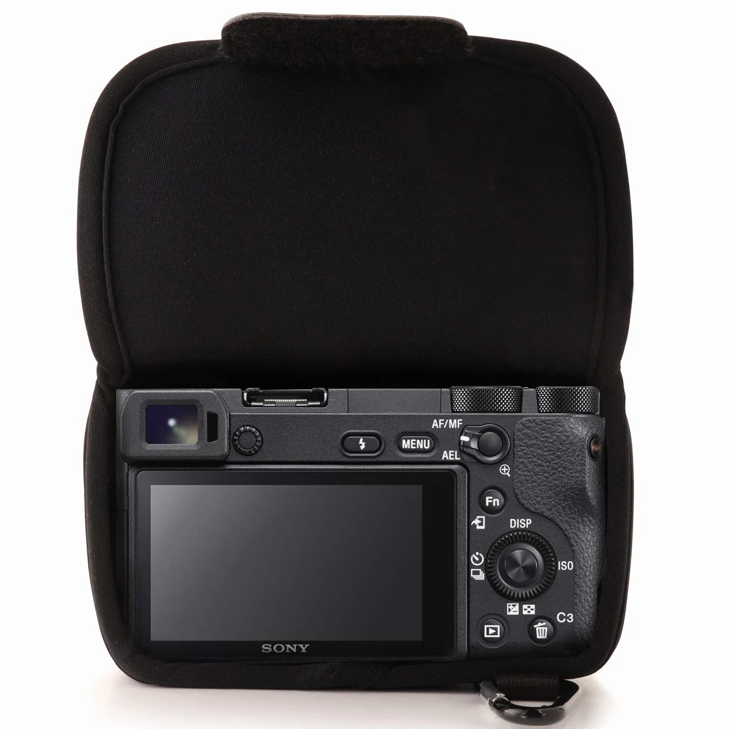 MegaGear MG063 - Custodia ultraleggera in neoprene, borsa protettiva per Sony Alpha Alpha A6400, A6100, A6500, A6300, A6000 (16-50 mm), con moschettone per un facile trasporto, Nero