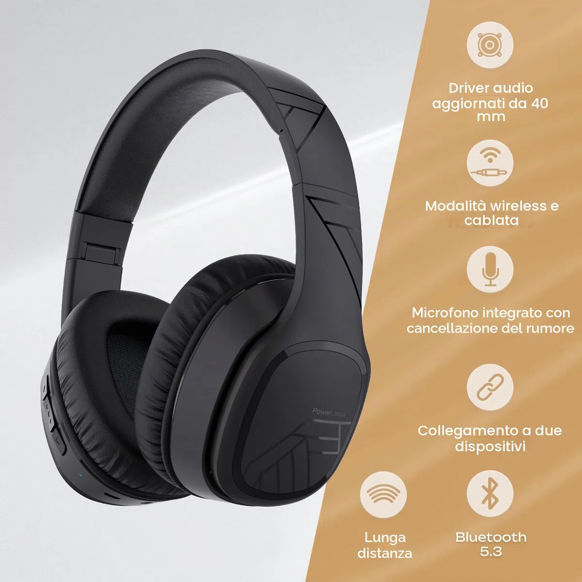PowerLocus P7 Cuffie Wireless Bluetooth, 50 ore Di Riproduzione, Cuffie Senza Fili Over Ear, Hi-Fi Stereo, Pieghevole, Cuffie Bluetooth con Microfono, Custodia Rigida per Viaggio/Telefono/PC/TV