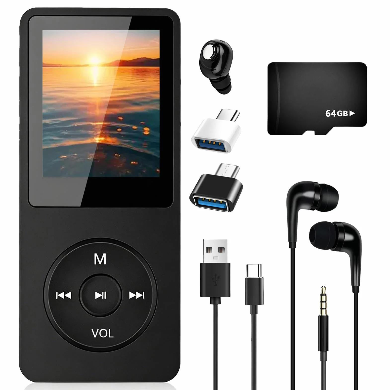 Lettore MP3 Bluetooth 5.3 con 64 GB di memoria, lettore musicale portatile con altoparlante, lettore MP3 HiFi per bambini e adulti, autonomia 70 ore, radio FM, display da 1,8 pollici, scheda TF fino a