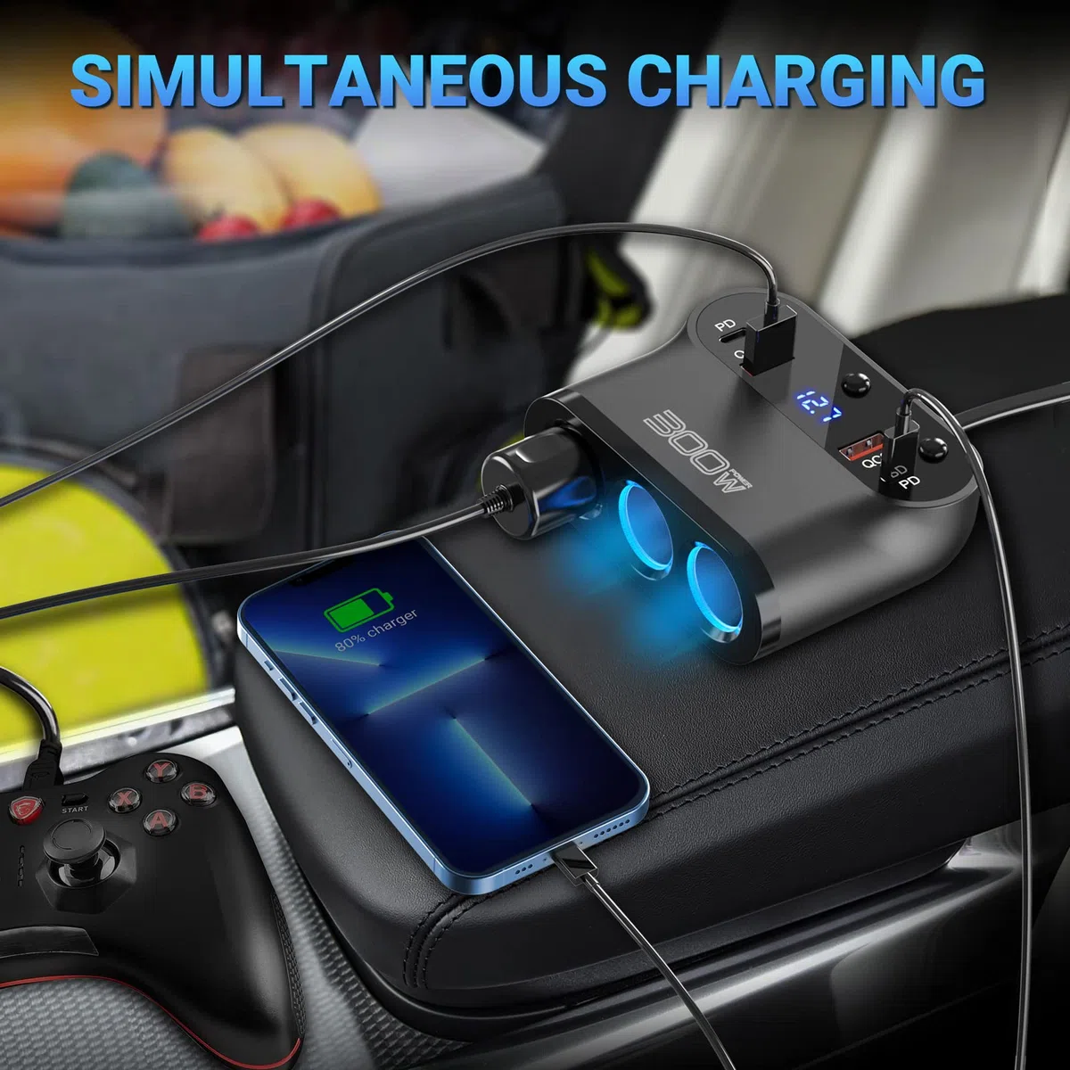 Qidoe Sdoppiatore Presa Accendisigari per Auto 300W: 7 in 1 USB Splitter, 3 Prese e Doppia USB C 30W e QC3.0 18W con Interruttore LED Voltmetro per GPS, Cellulare, iPad