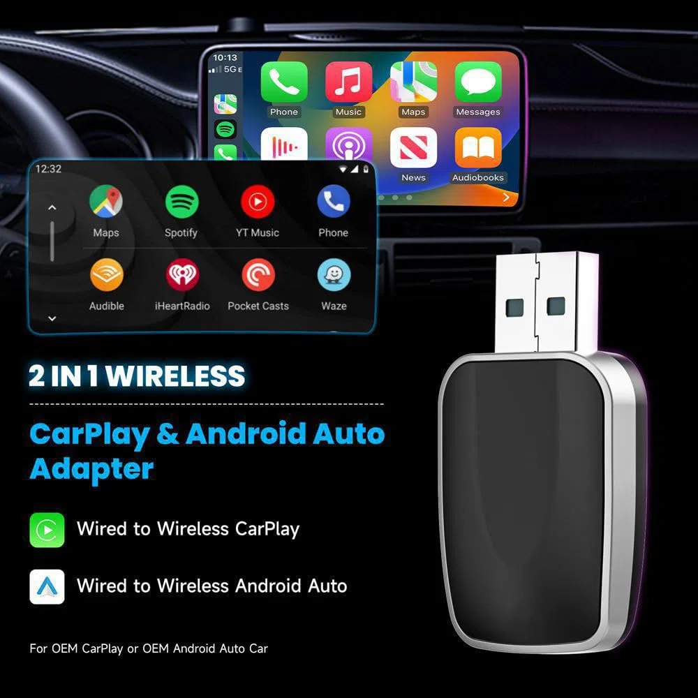 Adattatore CarPlay Wireless per Fiat Panda 2017 2018 2019 2020 2021 2022 2023 2024 2025, Converte Carplay da Cablato in Wireless, 2-in-1 CarPlay Wireless Adapter, Plug & Play con Bluetooth e WiFi