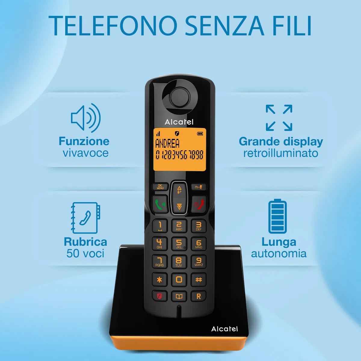 ALCATEL S280 - Telefono Fisso Cordless DECT - Design Compatto - Grande Display Retroilluminato - Vivavoce - Funzione Blocco Chiamate - Rubrica da 50 Contatti - Nero/Arancione