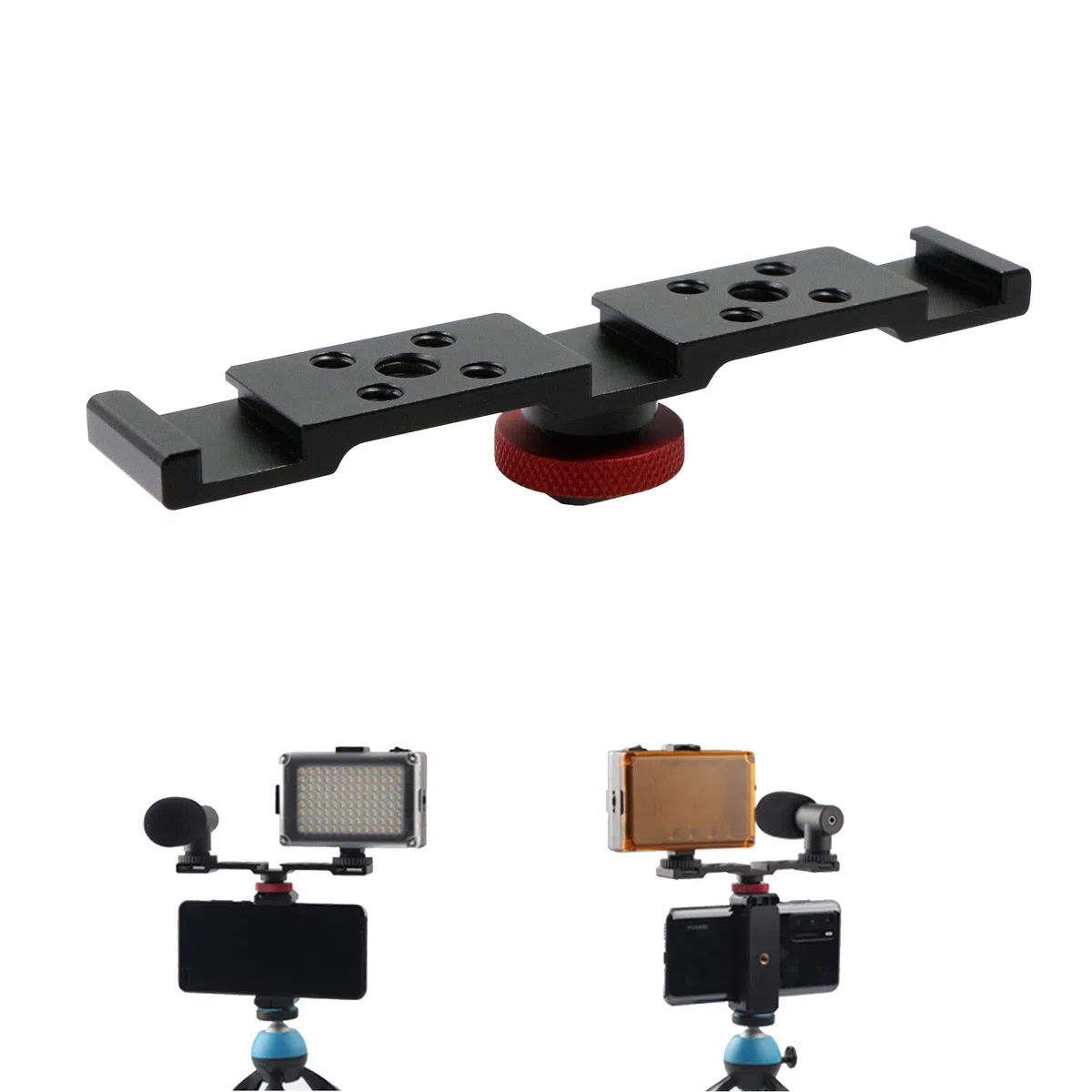 Staffa Flash Montaggio Hot Shoe - Doppia Prolunga Guida Adattatore Bracket in Alluminio con Viti da 1/4” 3/8” per Treppiede Luce LED Microfono Monitor DSLR Fotocamera Fotografia ,Nero